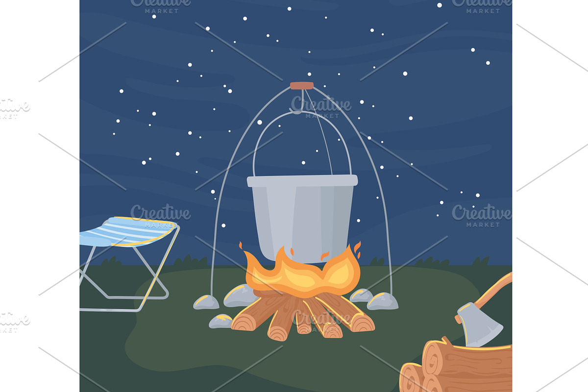 camping night scene, an Illustration by studiogstock
