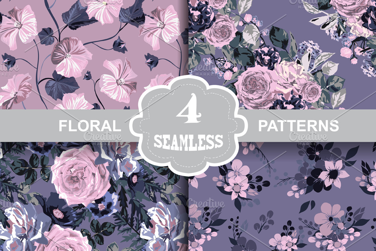 4 Violet Floral Seamless Patterns, a Pattern Graphic by Sunset&Sea Design