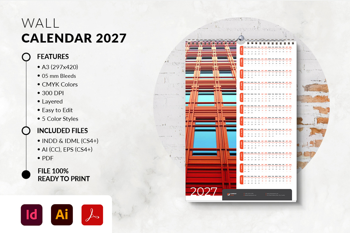 Minimal Wall Calendar 2027 Template, a Stationery Template by MstArtwork (Photo 5 of 5)