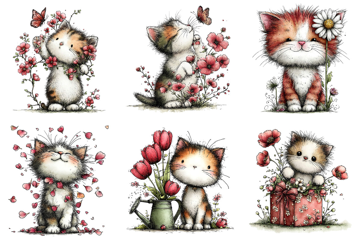 Whimsical Spring Cats Clipart, an Illustration by Dream Creation (Photo 6 of 6)