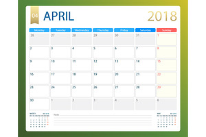 APRIL 2018, Illustration Vector Calendar Or Desk Planner, Weeks Start On Monday