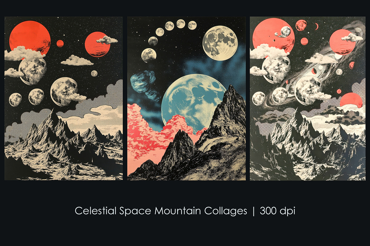 Celestial Space Mountain Collages, a Decorative Illustration by StockVerse Creative (Photo 1 of 4)