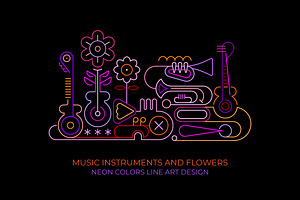 Music Instruments And Flawers Neon, an Illustration by danjazzia
