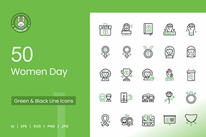50 Women Day Green & Black Icons, an Icon by IconBunny