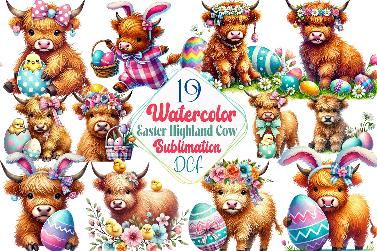 Easter Highland Cow Sublimation, an Illustration by DreamCafeArt (Photo 1 of 5)