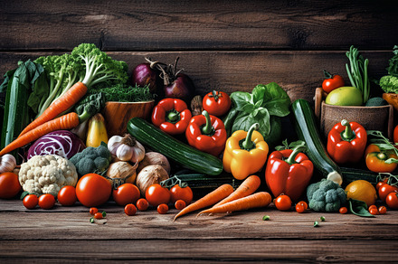 Green vegetables on wooden table. Di, a Food & Drink Photo by angellodeco