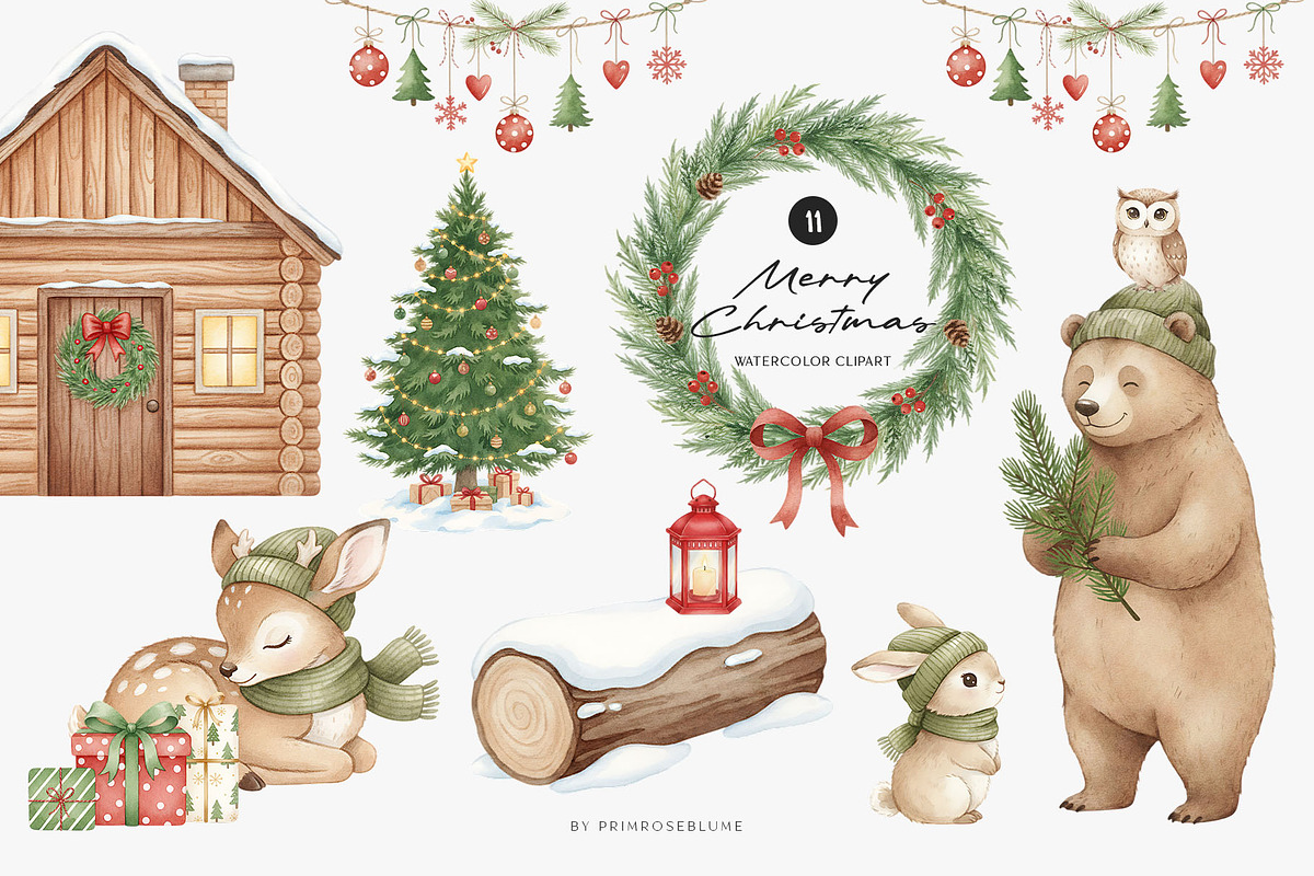 Merry Christmas Watercolor Clipart, a Seasonal Illustration by Primrose Blume (Photo 1 of 2)