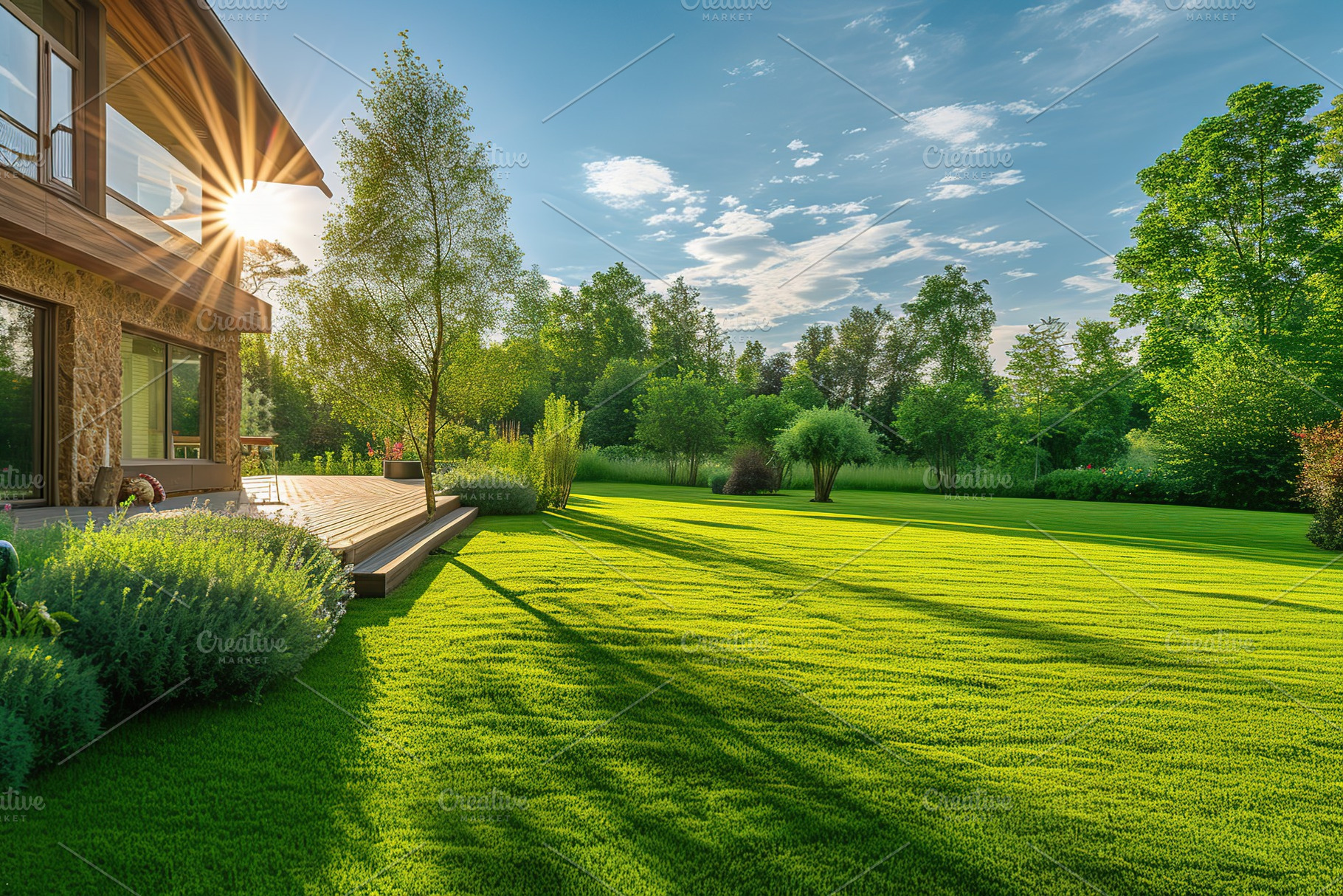 Back house yard with green grass and nice landscaping with sunlights, a Nature Photo by AlyaAnd