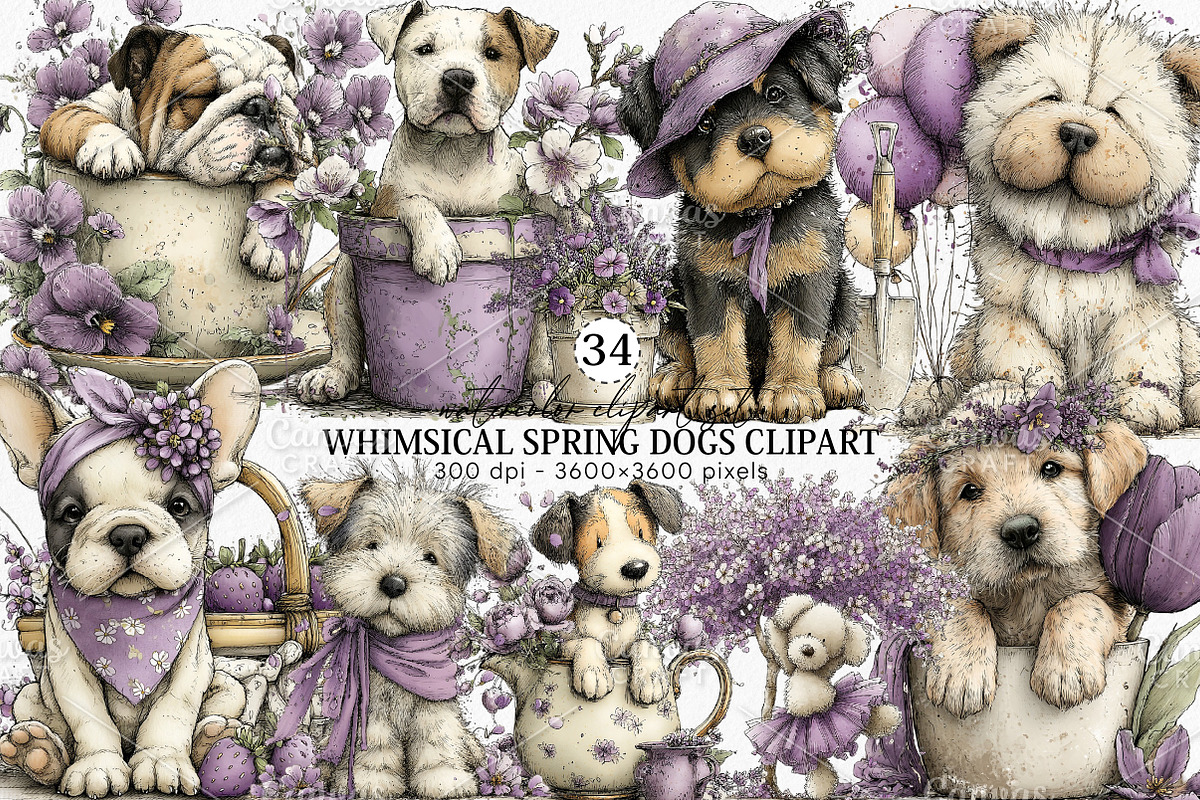 Whimsical Spring Dogs Clipart Bundle, an Illustration by Canvas Craft (Photo 1 of 7)