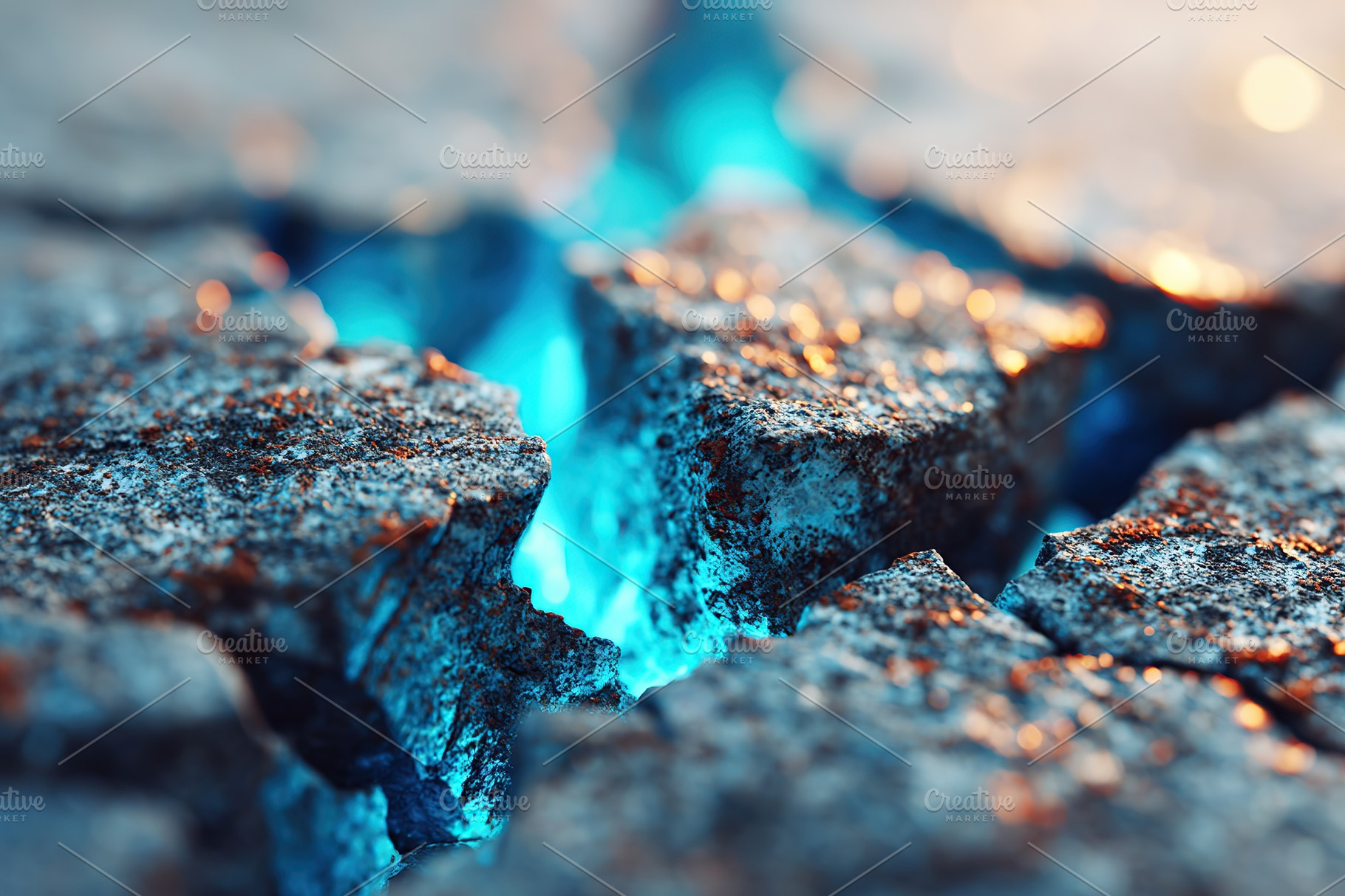 Cracked stone surface with glowing elements in shades of blue and gray in natur, a Background Photo by AlyaAnd