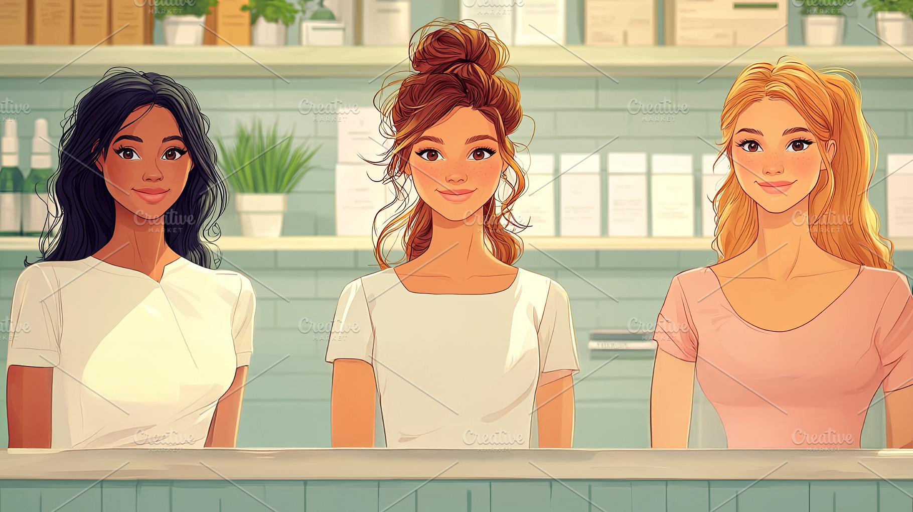 Three diverse women smiling together at a friendly and modern cafe environment, a Photo by AS photostudio