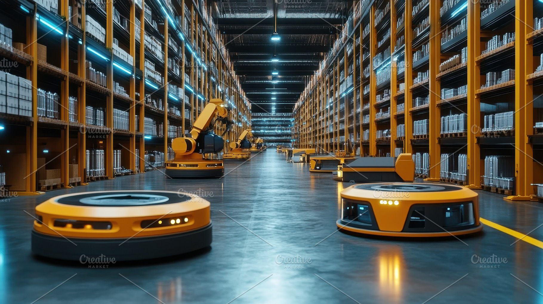 Automated robots navigate a warehous, a Background Photo by Pixeness