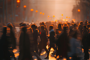 Vibrant City Life at Sunset: Silhouetted Pedestrians Cross Busy Intersection wi, a Person Photo by Ocean Digital Art