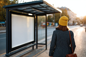 A young woman in a yellow beanie waits at a city bus stop during sunset, captur, a Person Photo by ImageMir