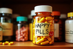 Bottle of yellow Happy Pills capsu, a Health & Medical Photo by Perpis