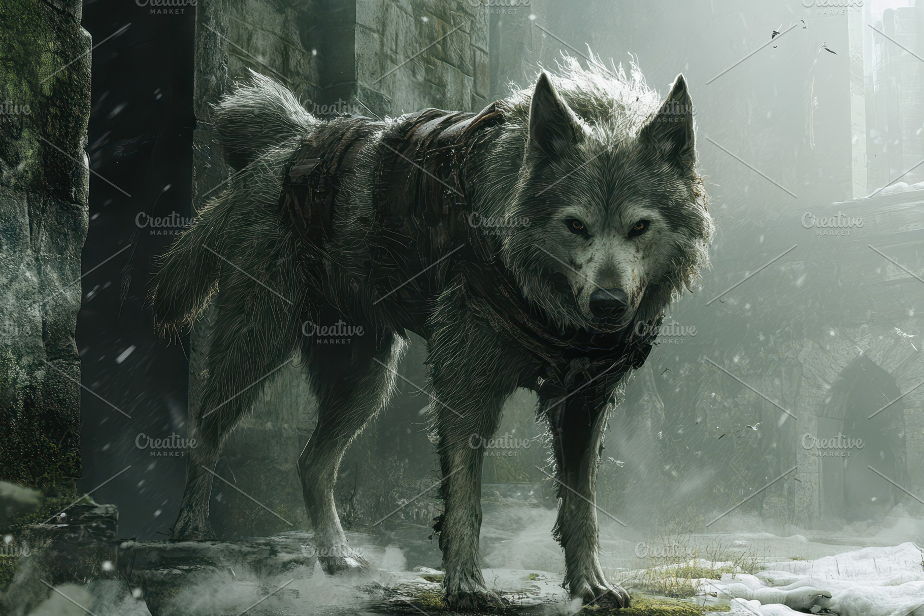 Majestic wolf stands vigilant in a s, a Photo by Pavel_design