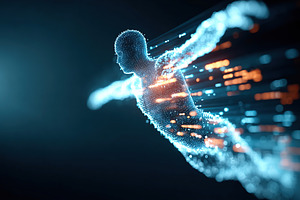 Digital human avatar suspended in vibrant particles and colors in a futuristic, a Technology Photo by AlyaAnd