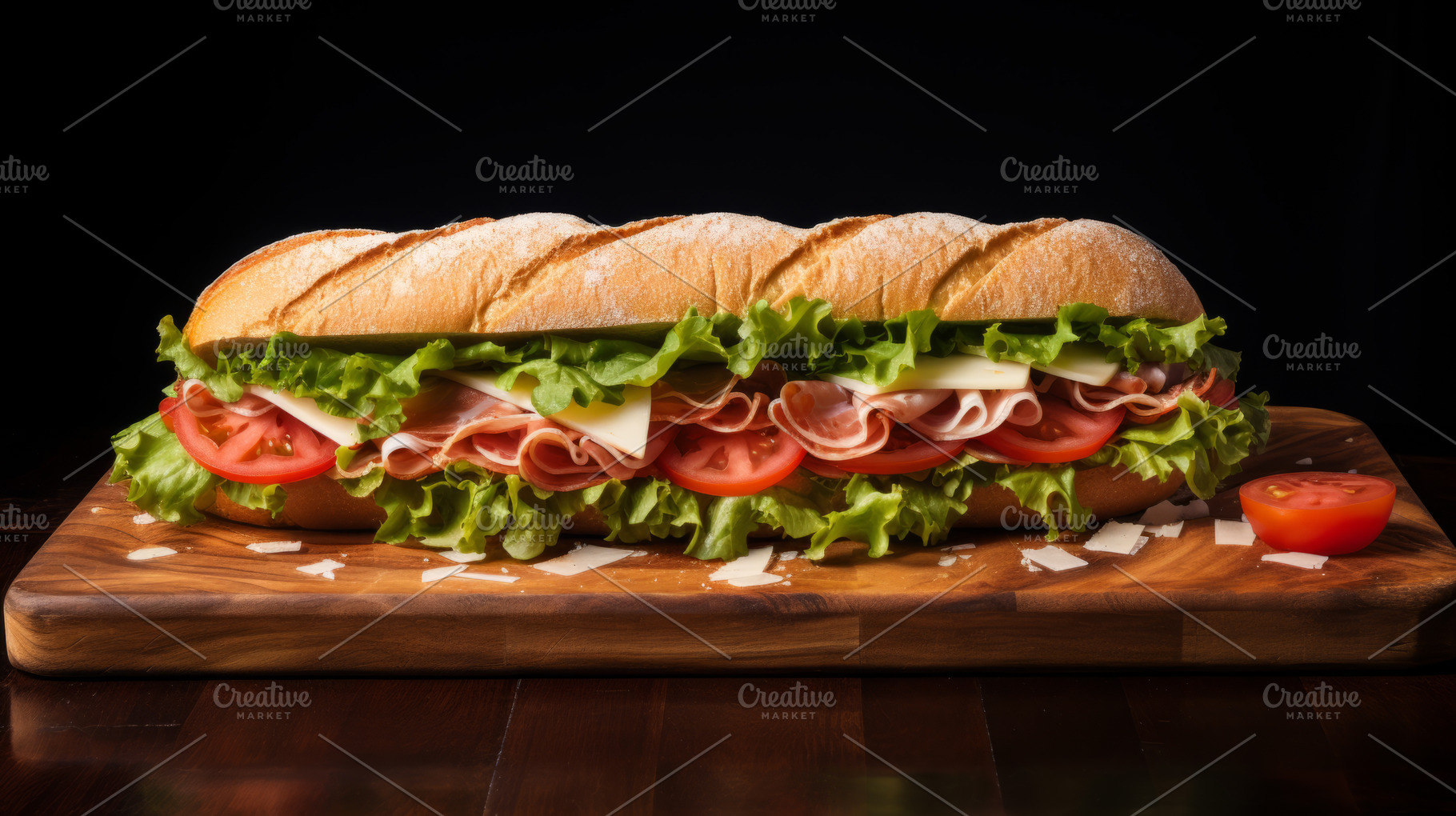Submarine sandwich with ham, cheese, lettuce, tomatoes,onion on wooden table, a Food & Drink Photo by Natalia Klenova's Shop