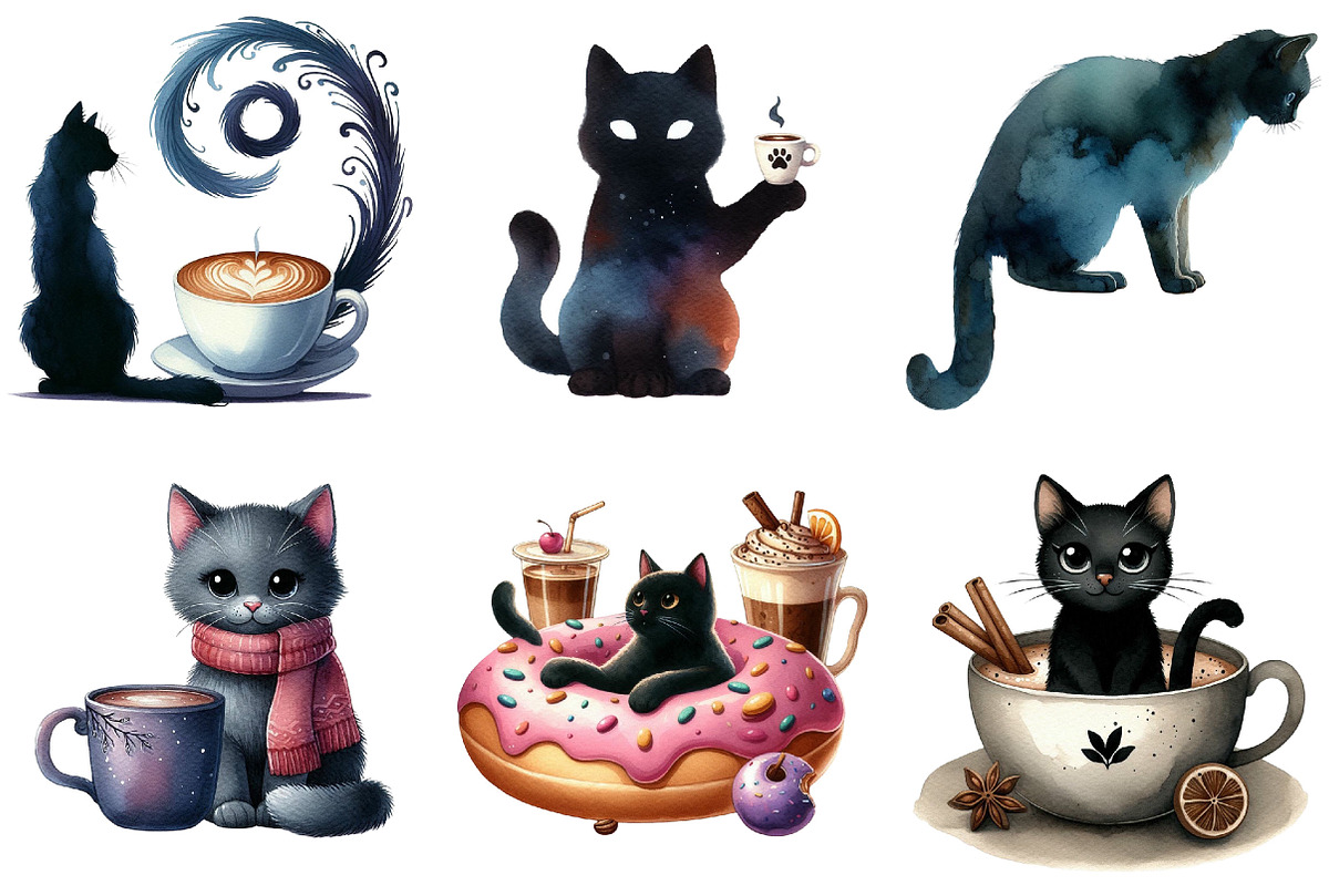 Cat Silhouette Love Coffee Clipart, an Illustration by Pixels.Craft (Photo 5 of 8)