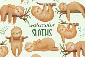 Watercolor Sloths Clipart