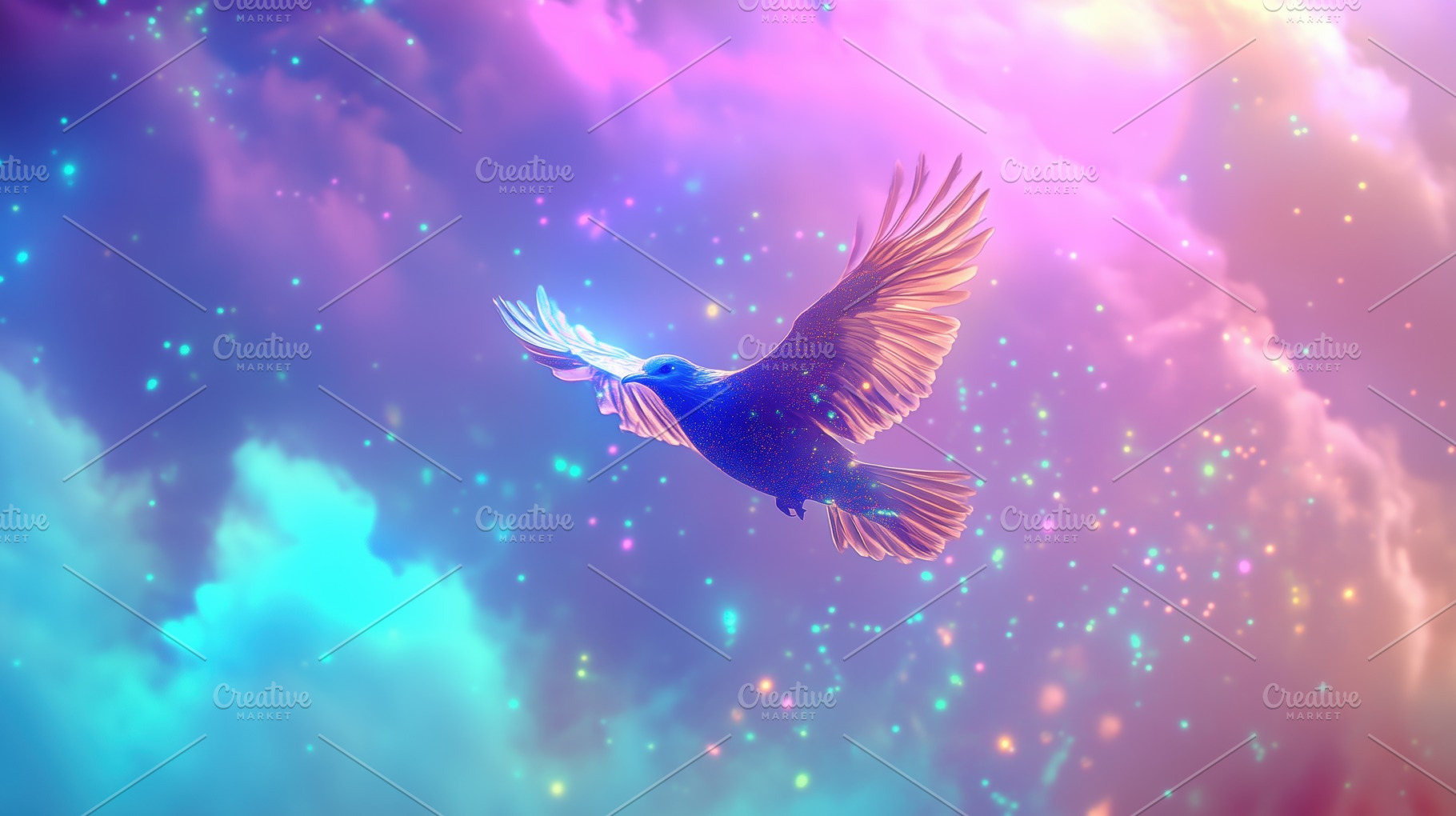 A vibrant, ethereal scene featuring a bird soaring through a colorful, cosmic s, an Animal Photo by Textures & Backgrounds
