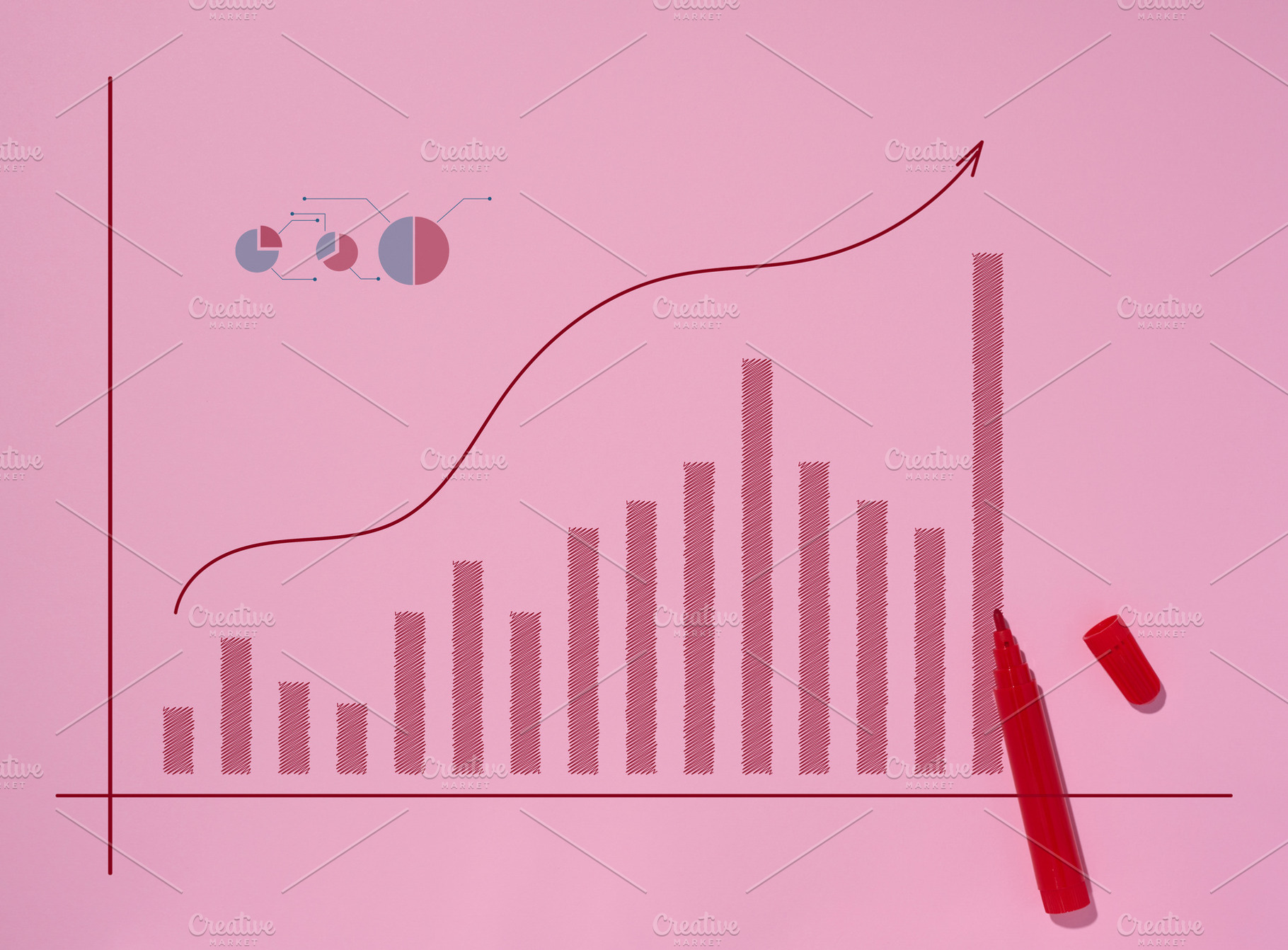 Drawn growth chart with upward arrow and bar chart, red marker n, a Business Photo by ndanko