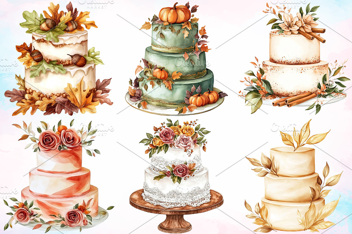Watercolor Fall Wedding Cake Clipart, a Seasonal Illustration by Canvas Craft (Photo 4 of 4)