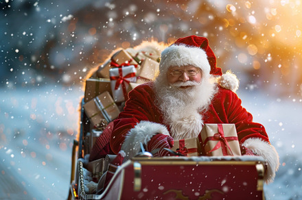 Santa Claus joyfully travels in his, a Photo by Tanuart