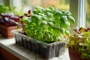 Basil plants growing in a windowsill, a Photo by Pixeness Studio