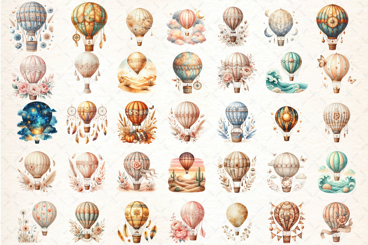 Watercolor Hot Air Balloons Boho PNG, an Illustration by DreamCafeArt (Photo 3 of 6)
