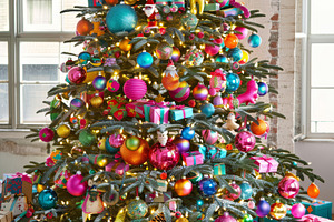 Photo of a brightly decorated Christmas tree with colorful ornaments and presen, a Holiday Photo by Mashimara