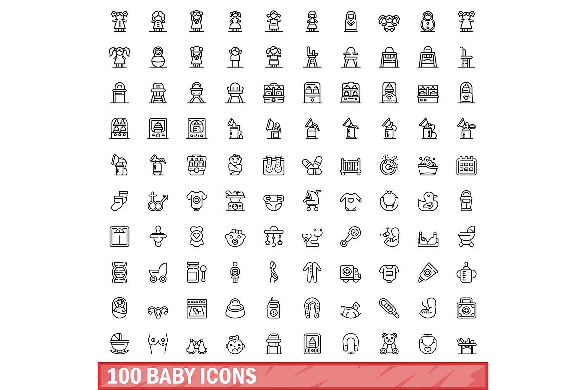 100 baby icons set, outline style, a Food Illustration by Ylivdesign