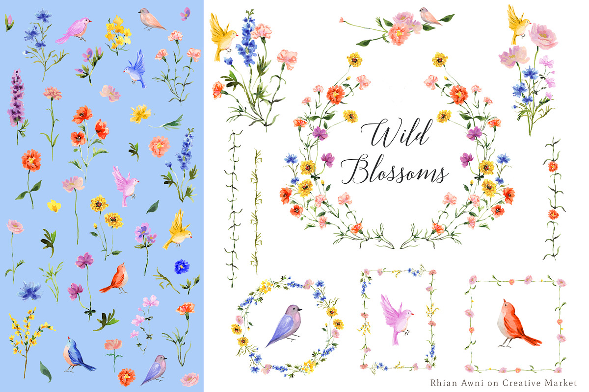 Wild Flowers - Watercolor Clipart, an Object Illustration by RhianAwni (Photo 1 of 7)