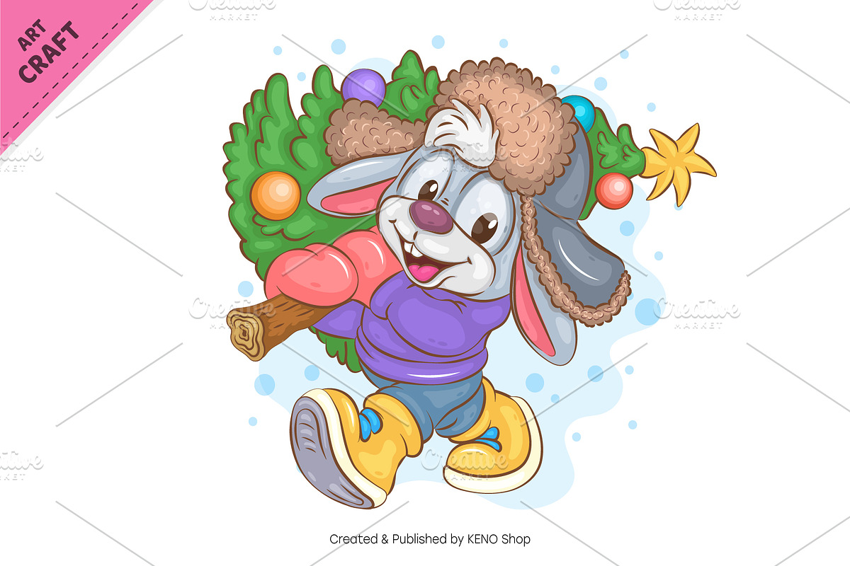Bunny with Christmas Tree. Clipart, an Animal Illustration by KENO Mascots (Photo 2 of 3)