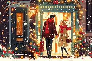 Couple walking hand in hand by a brightly decorated home during Christmas, an Illustration by AS photostudio