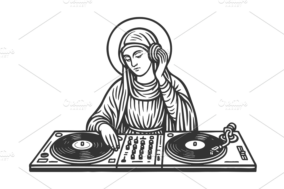Saintly DJ mixing on turntables, an Illustration by AlexArt