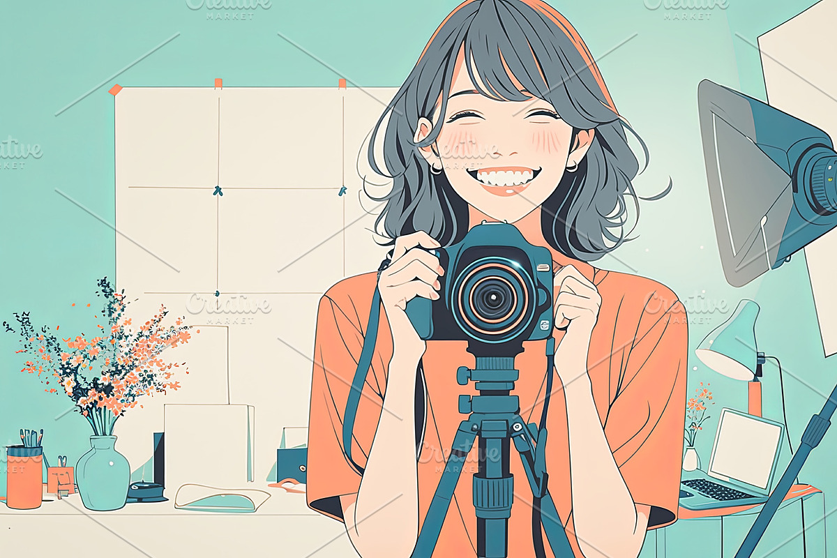 Smiling woman setting up a camera in a photography studio setting, an Illustration by AS photostudio