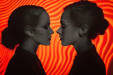 Silhouettes of two people with flowing patterns in vivid red background, a Photo by AS photostudio
