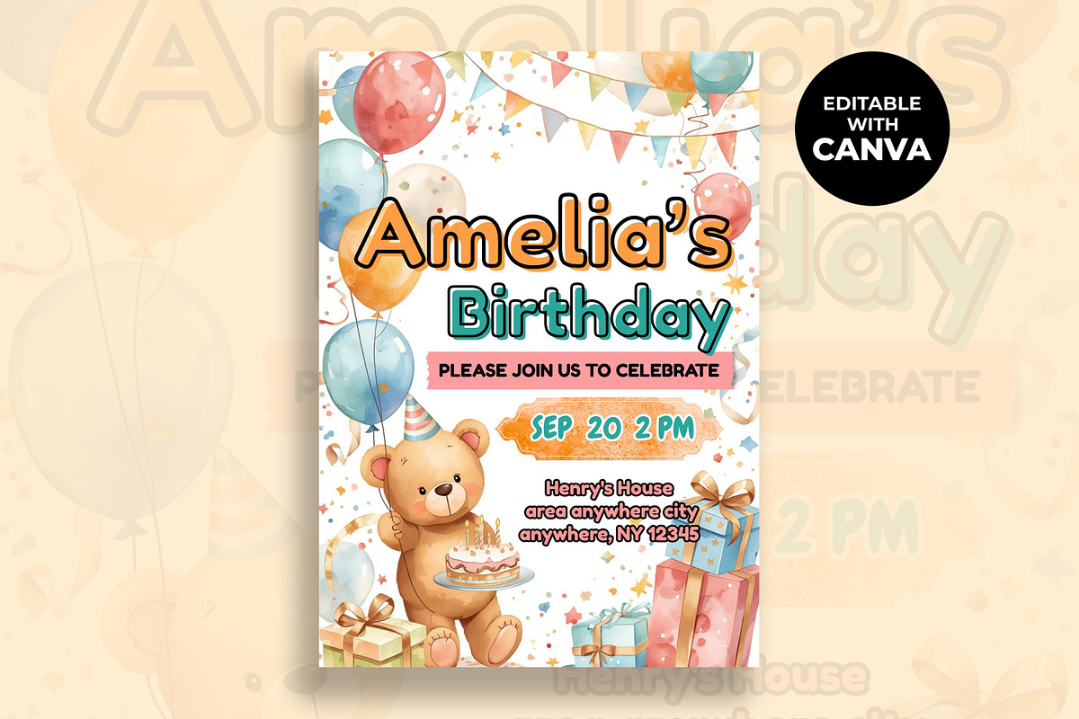 Cute Teddy Bear Birthday Invitation, an Invitation Template by M9 Design (Photo 1 of 4)