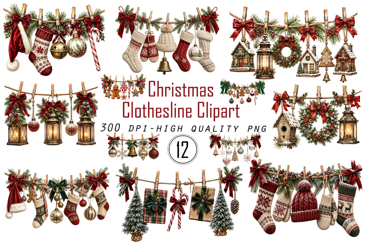 Christmas Clothesline Clipart PNG, a Seasonal Illustration by Designworld (Photo 1 of 4)
