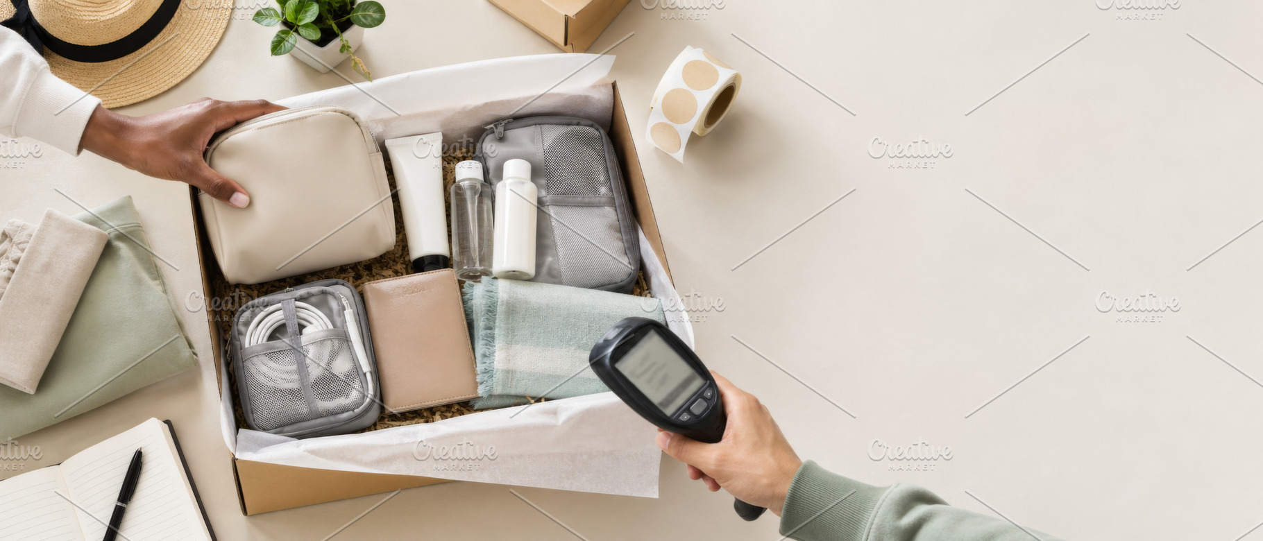 Open box with travel essentials, acc, a Photo by Dvoevnore photos