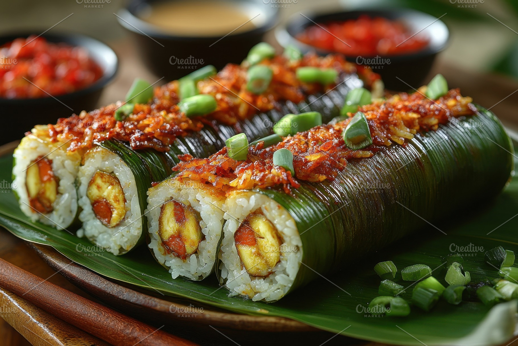 Delightful sushi rolls topped with s, a Photo by Tanuart