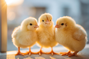 Three fluffy yellow baby chicks in warm sunlight, an Animal Photo by AlyaAnd
