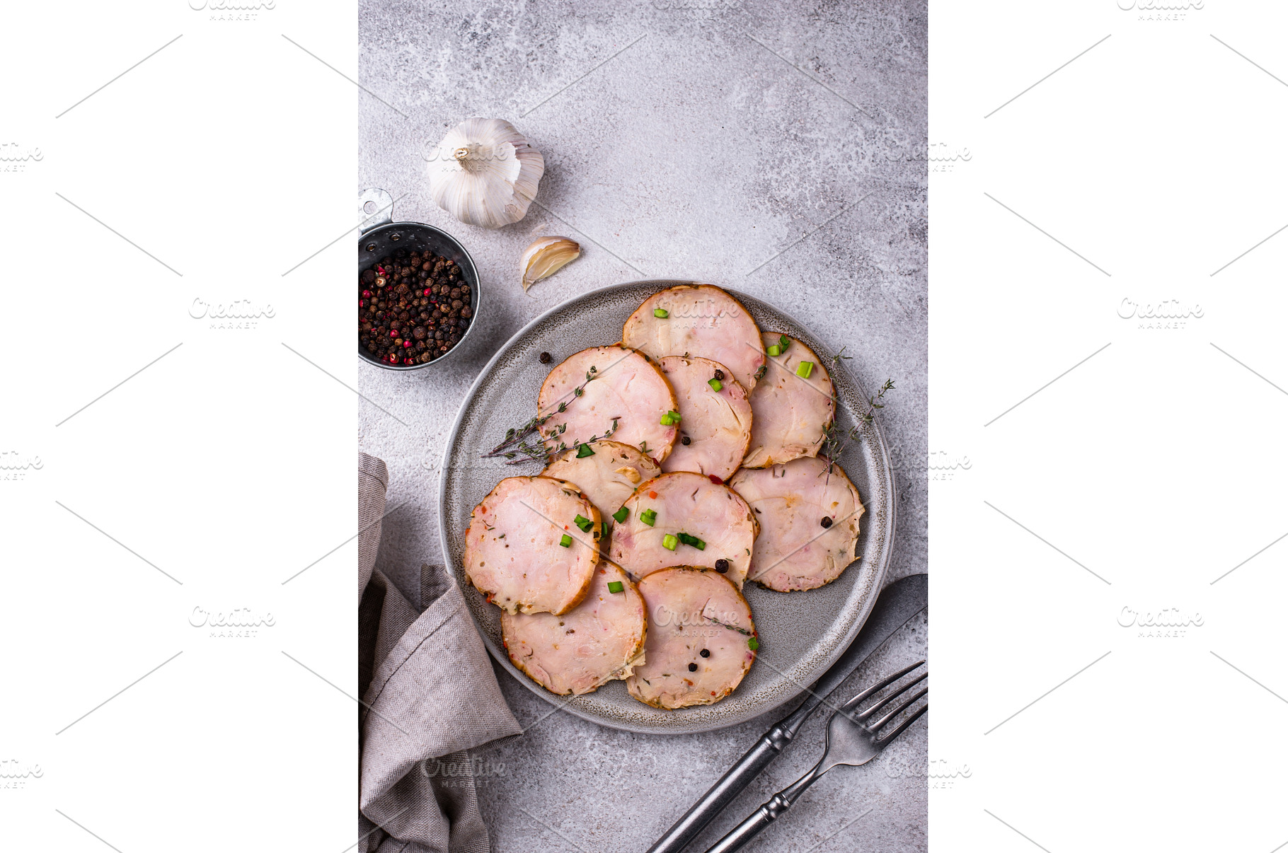 Sliced chicken sausage with herbs, a Food & Drink Photo by Yulia Furman
