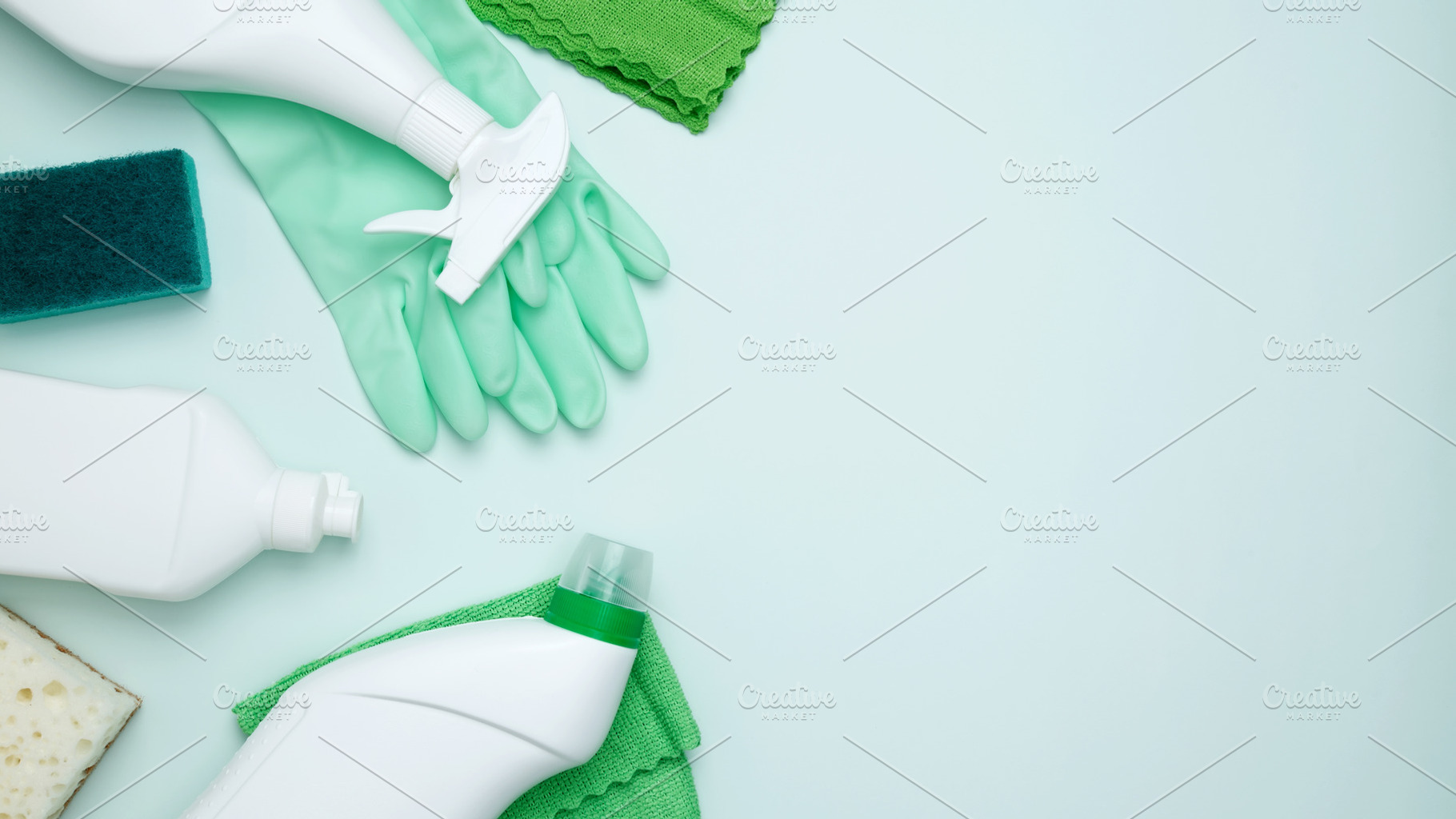 Concept of cleanliness and hygiene. Cleaning supplies and tools, including bott, a Photo by matucha