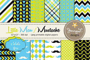 Little Man Mustache Digital Papers, a Pattern Graphic by JennyL Designs