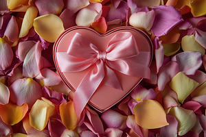 Gift box with ribbon bow and flower petals for Valentine's Day holiday, a Holiday Photo by AlyaAnd