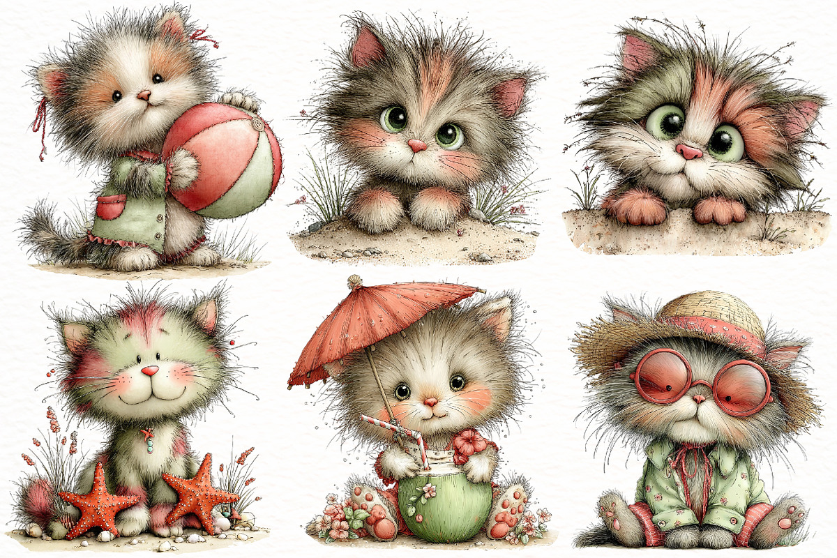 Whimsical Summer Beach cat Clipart, an Illustration by Designworld (Photo 3 of 6)