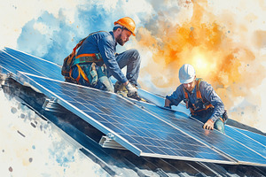 Two workers installing solar panels on a rooftop, wearing safety helmets and ha, a Technology Photo by Textures & Backgrounds