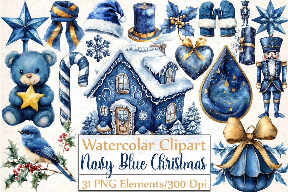 Navy Blue Christmas Clipart, an Illustration by DreamCafeArt (Photo 1 of 5)